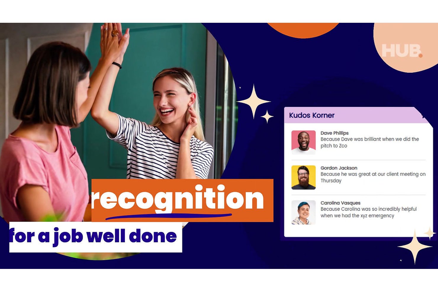 Two women high-fiving beside a Kudos Korner employee recognition panel.