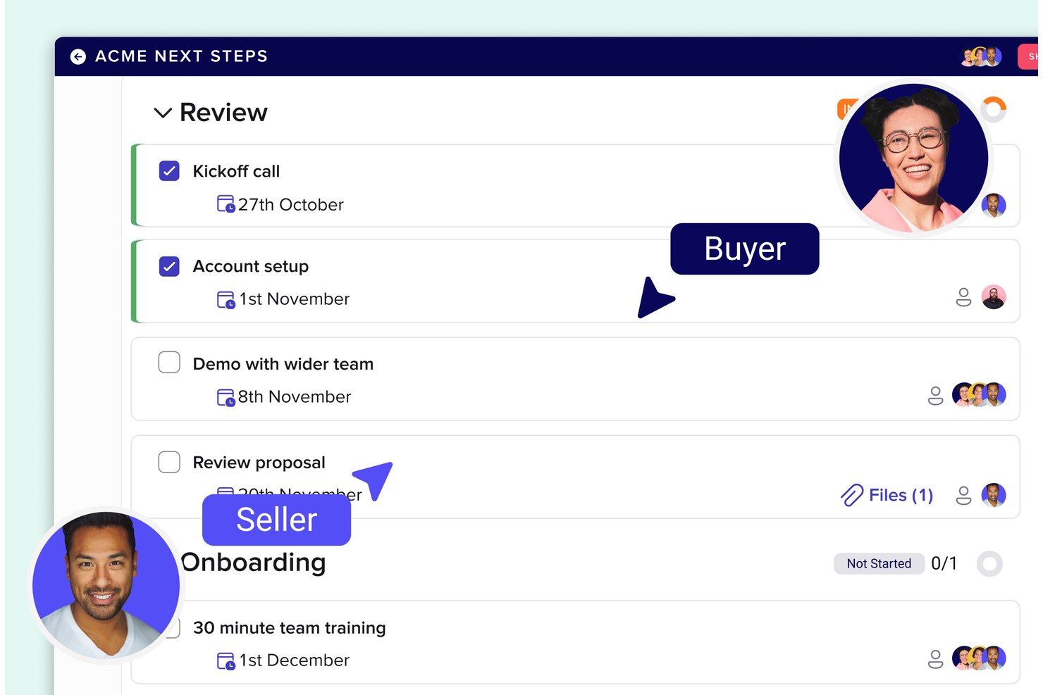 Trumpet shared workspace showing review and onboarding checklist steps with buyer and seller avatars.