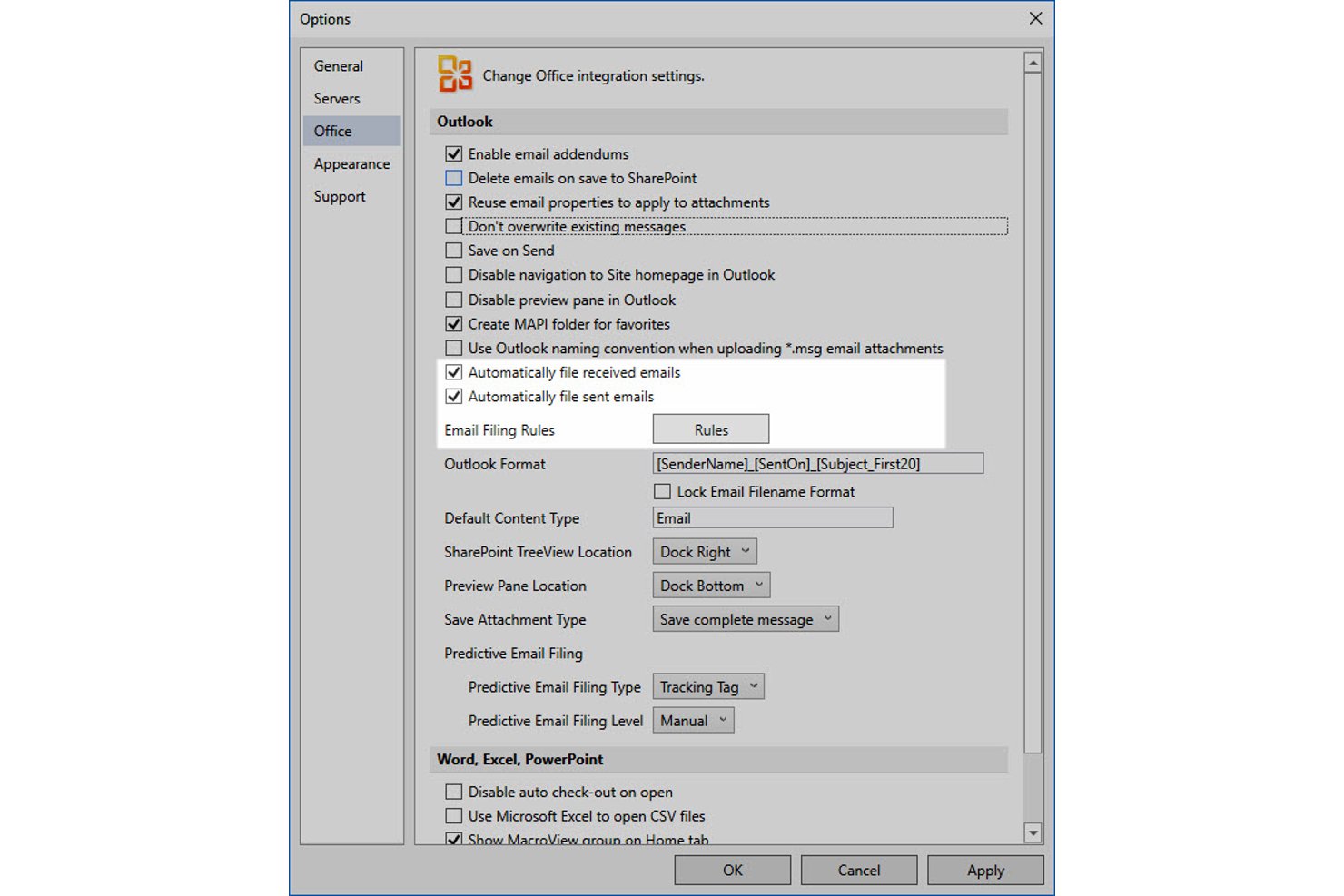 MacroView Options dialog showing Outlook email filing settings and rules configuration.