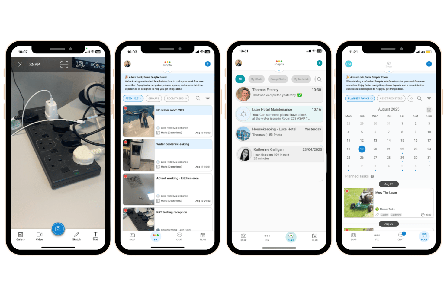Cuatro capturas de pantalla de la aplicación Snapfix que muestran las funciones móviles de capturar, solucionar, chatear y planificar.