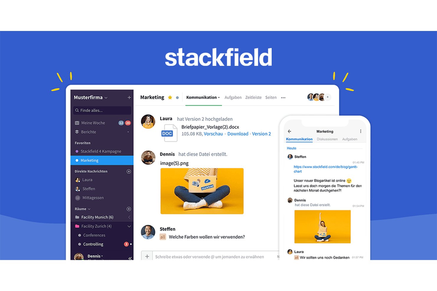 Stackfield UI showing team chat, file sharing, and mobile app side by side.