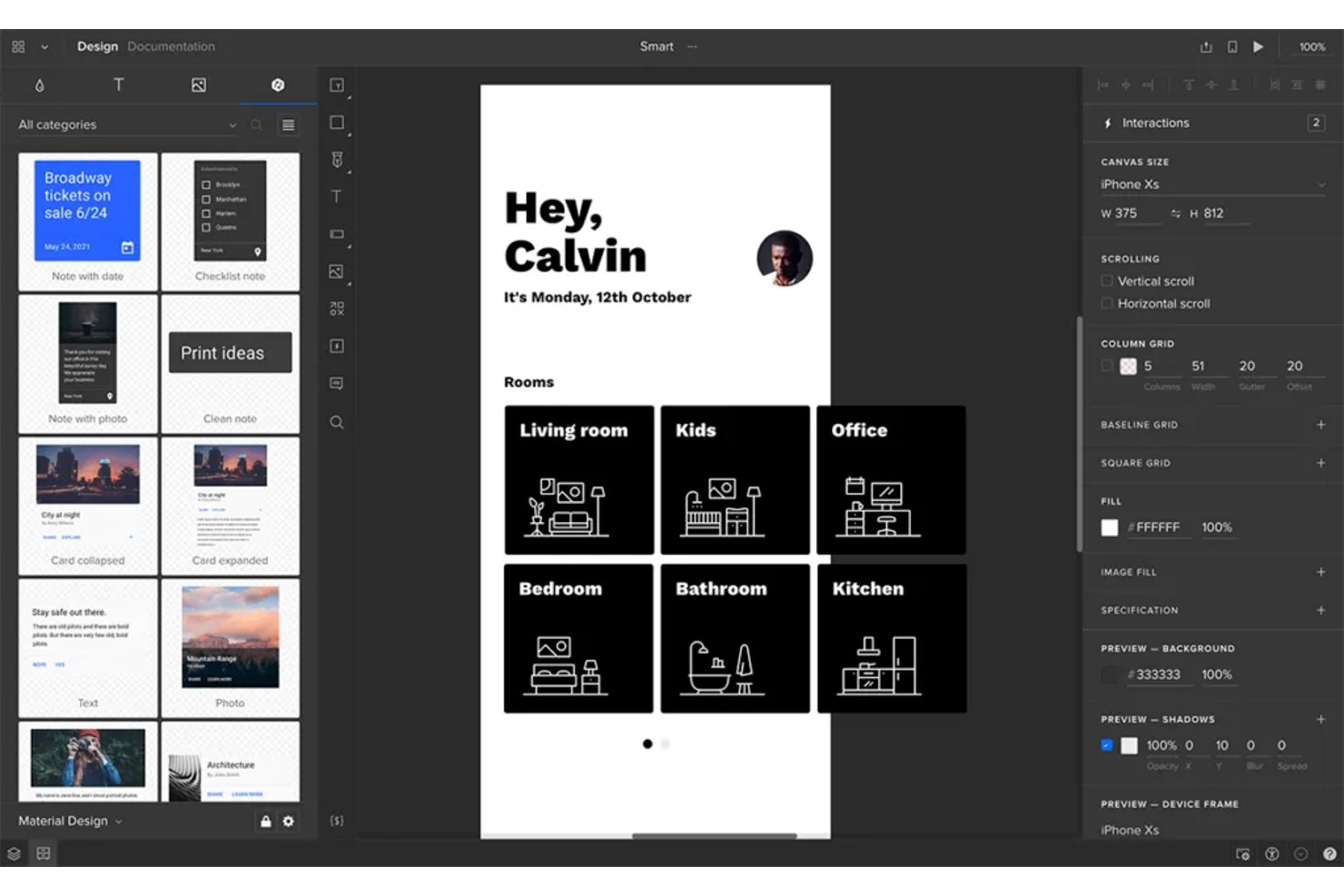 UXPin-gränssnitt som visar en prototyp av en smarthem-app på en iPhone Xs-arbetsyta.