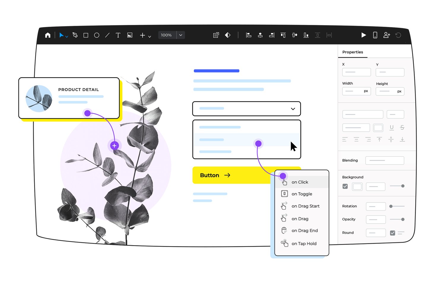 Justinminds prototypverktyg som visar en rullgardinsmeny med interaktiva händelseutlösare på ett knappelement.