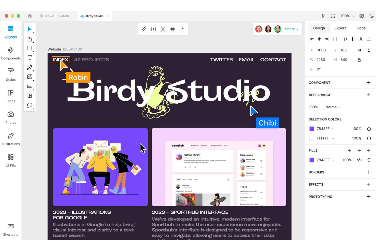 Lunacy-gränssnitt som visar en webbsidedesign med mörkt tema, sidopaneler och designverktyg.