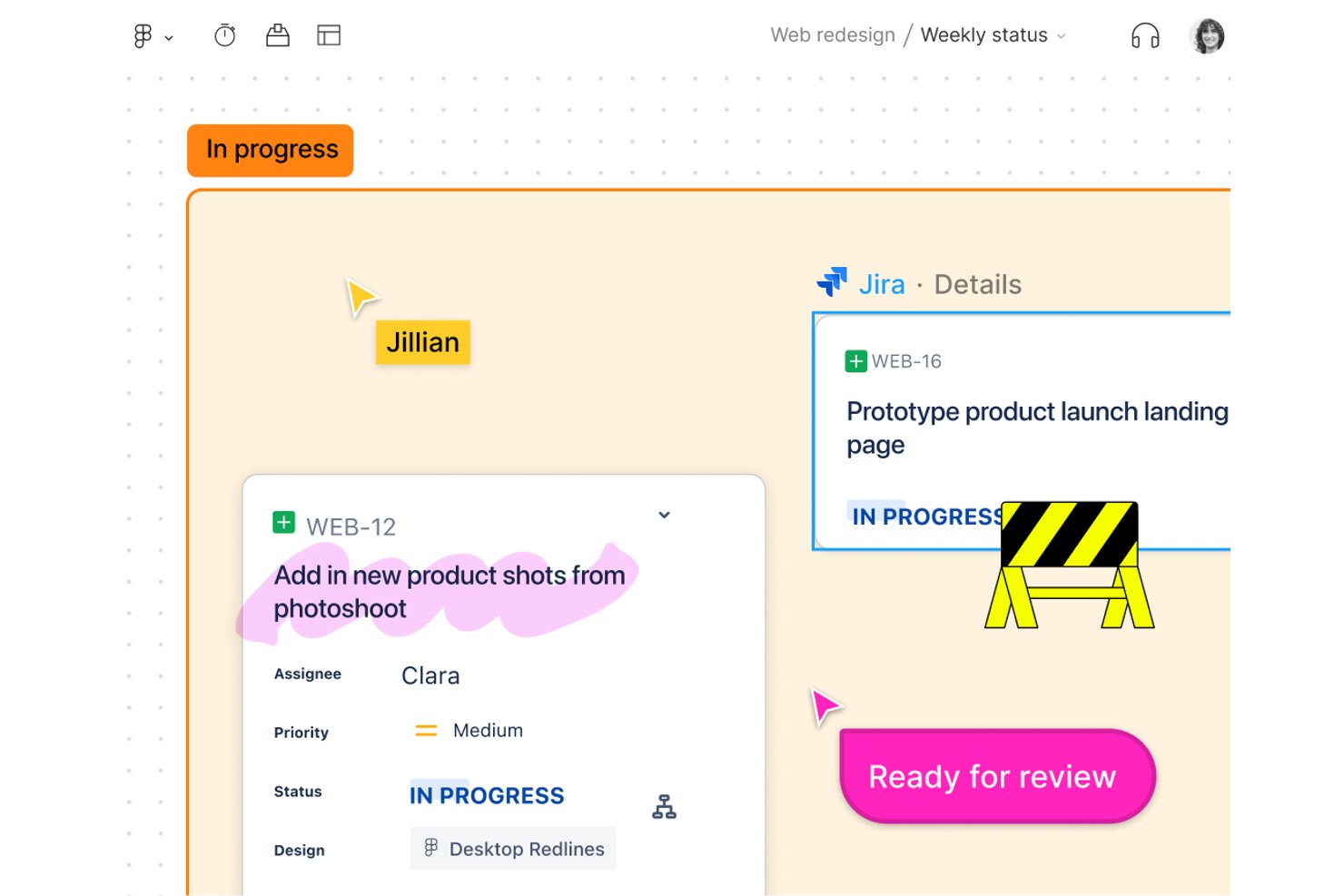 FigJam-arbetsyta som visar Jira-uppgiftskort med information om status, ansvarig och prioritet.