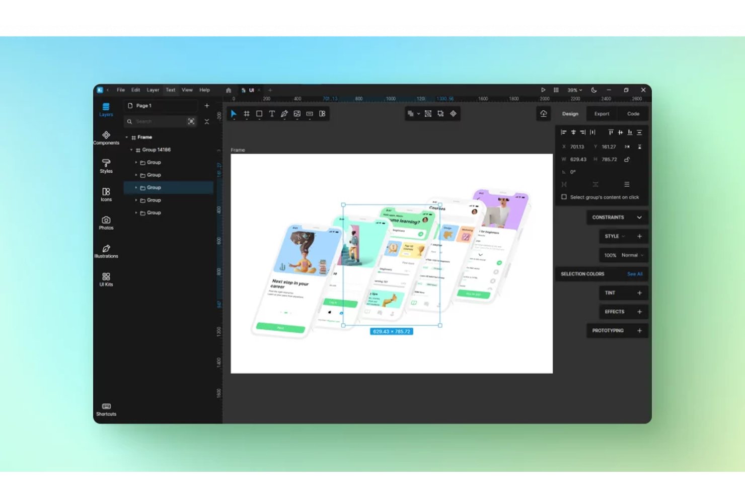 Lunacys designprogramvara som visar UI-skärmar för en mobilapp ordnade på en arbetsyta.