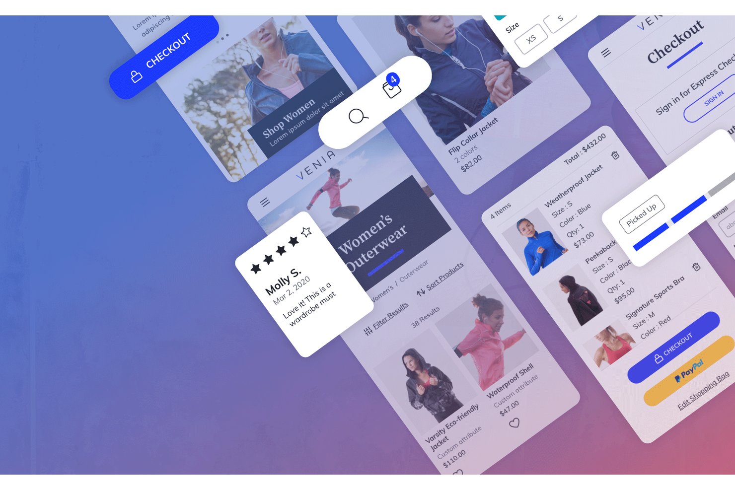 Mobila Adobe XD-gränssnittsskärmar som visar en shoppingapp för damytterkläder med kassaflöde.