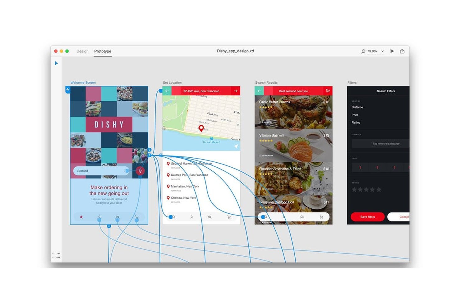 Adobe XD prototype view showing four linked mobile app screens with flow connections.