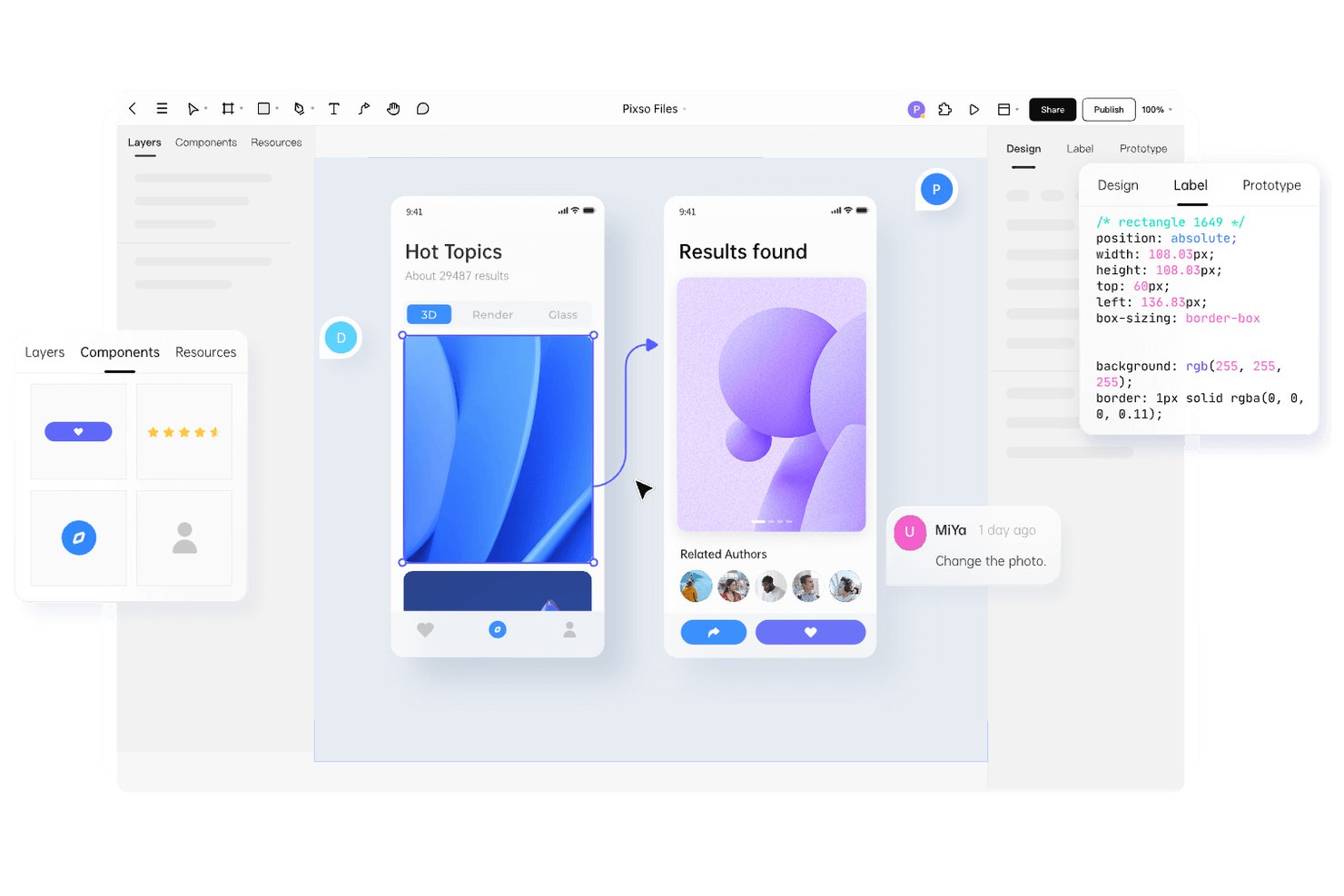 Pixsos UI-designverktyg som visar skärmar för en mobilapp, en komponentpanel och en CSS-etikettinspektör.