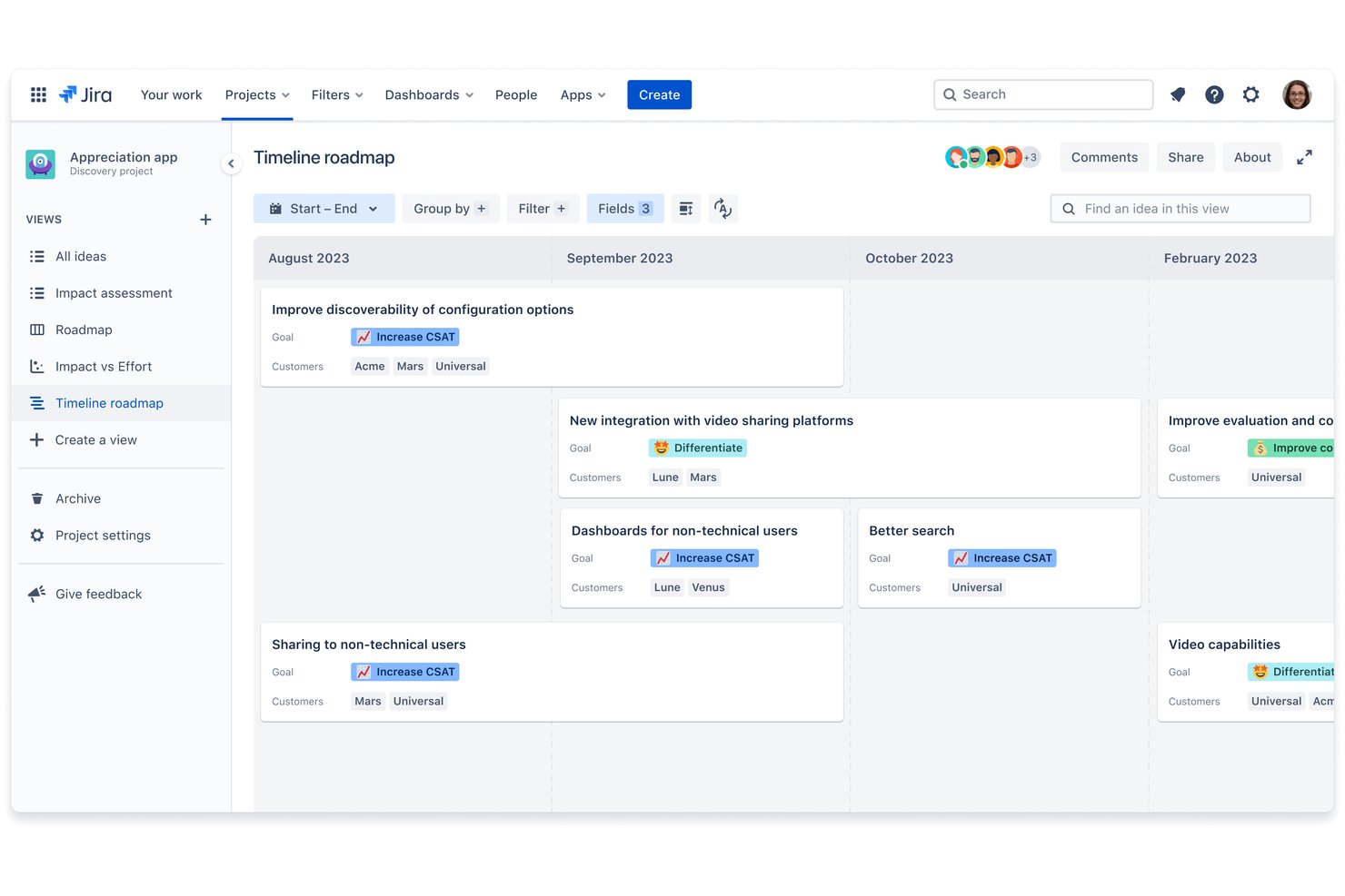 Hoja de ruta cronológica de Jira Product Discovery que muestra ideas agrupadas por fecha y etiquetas de objetivos.
