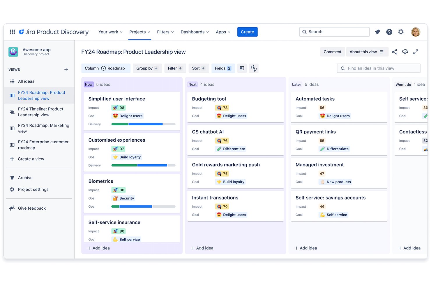 Bacheca della roadmap di Jira Product Discovery con schede delle idee raggruppate per colonne temporali.