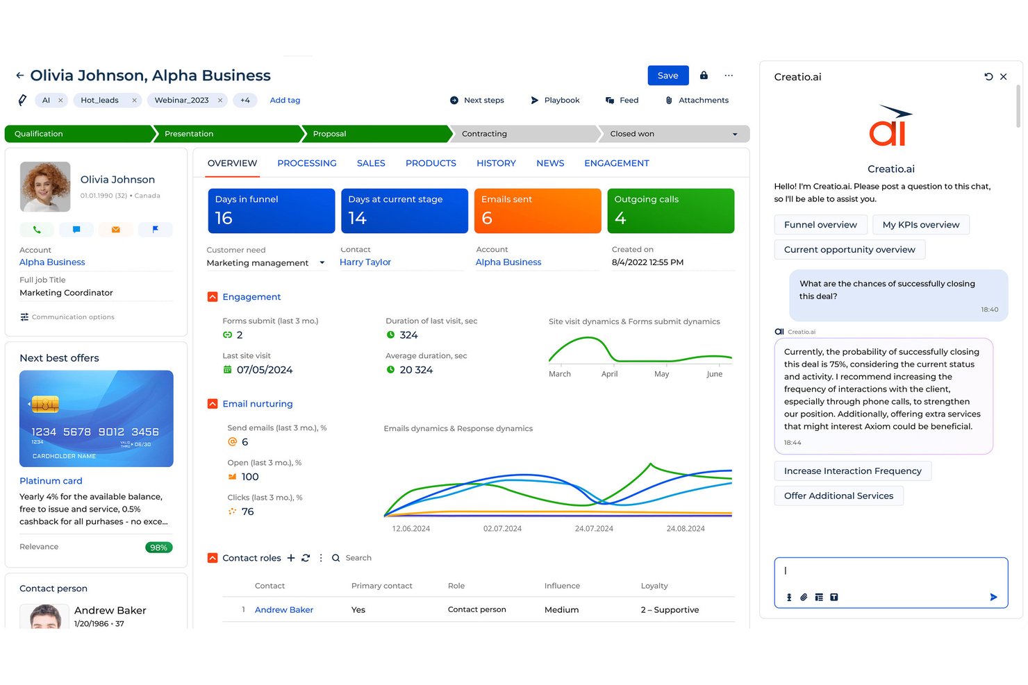 Creatio CRM opportunity dashboard with AI chat showing 75% deal-closing probability.