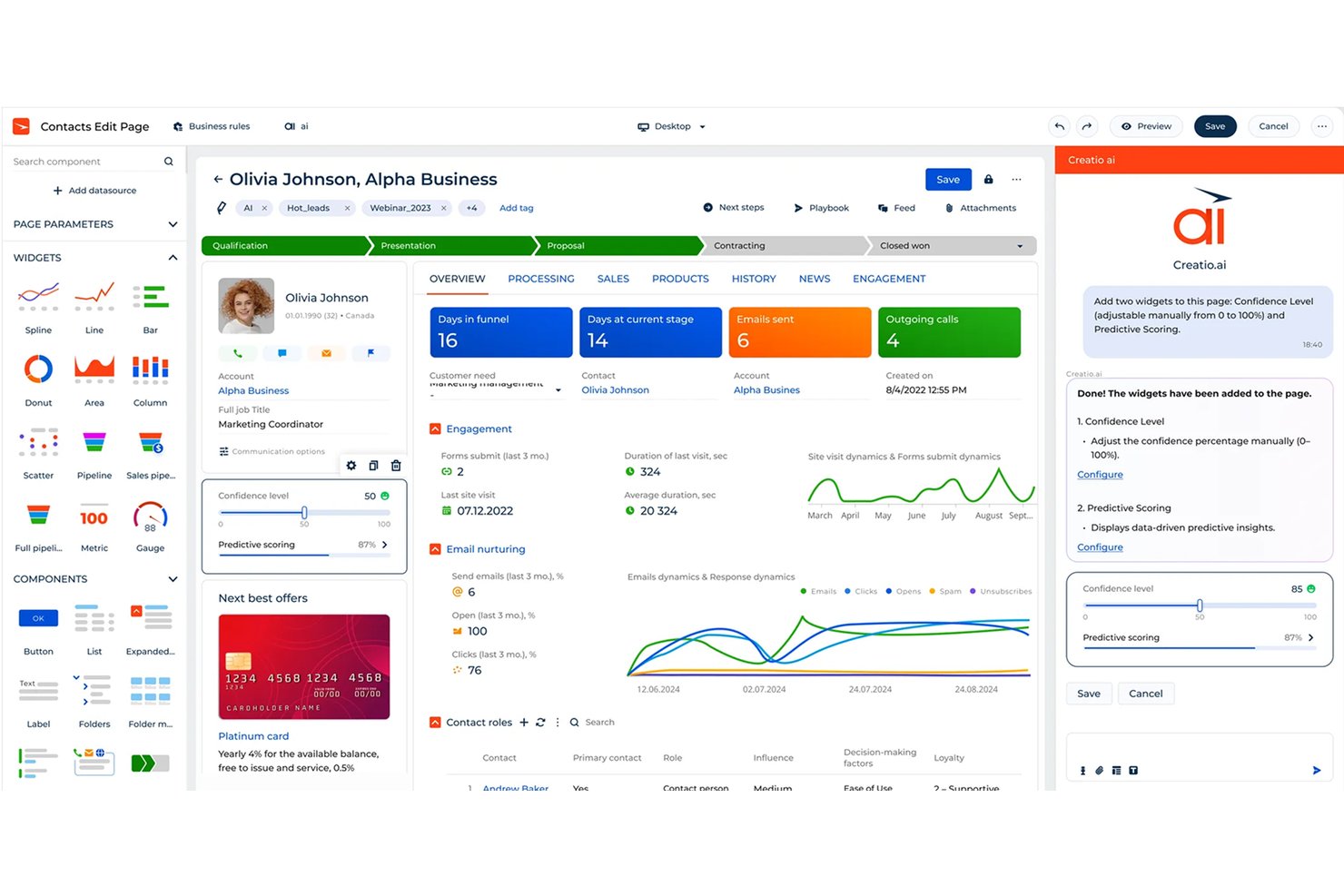 Creatio CRM:s kontaktsida med AI-assistent som lägger till widgetar för konfidensnivå och prediktiv poängsättning.