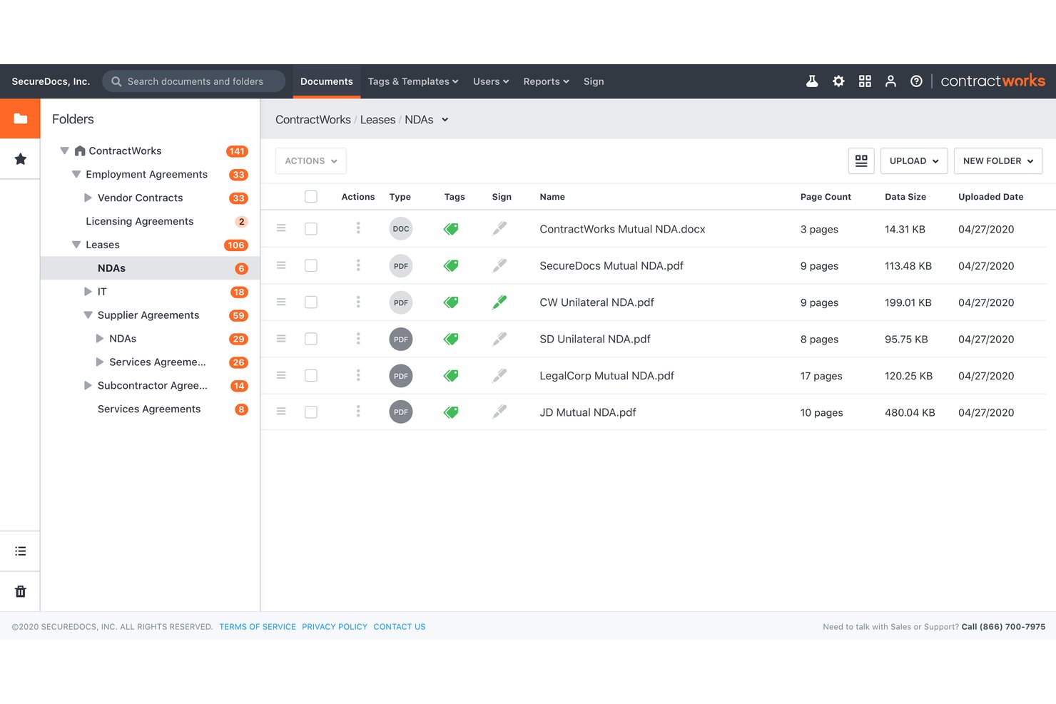 ContractWorks document management interface showing NDA files in a Leases folder.