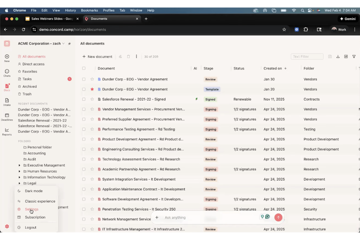 Concord documents dashboard listing contracts with stage, status, and folder columns.