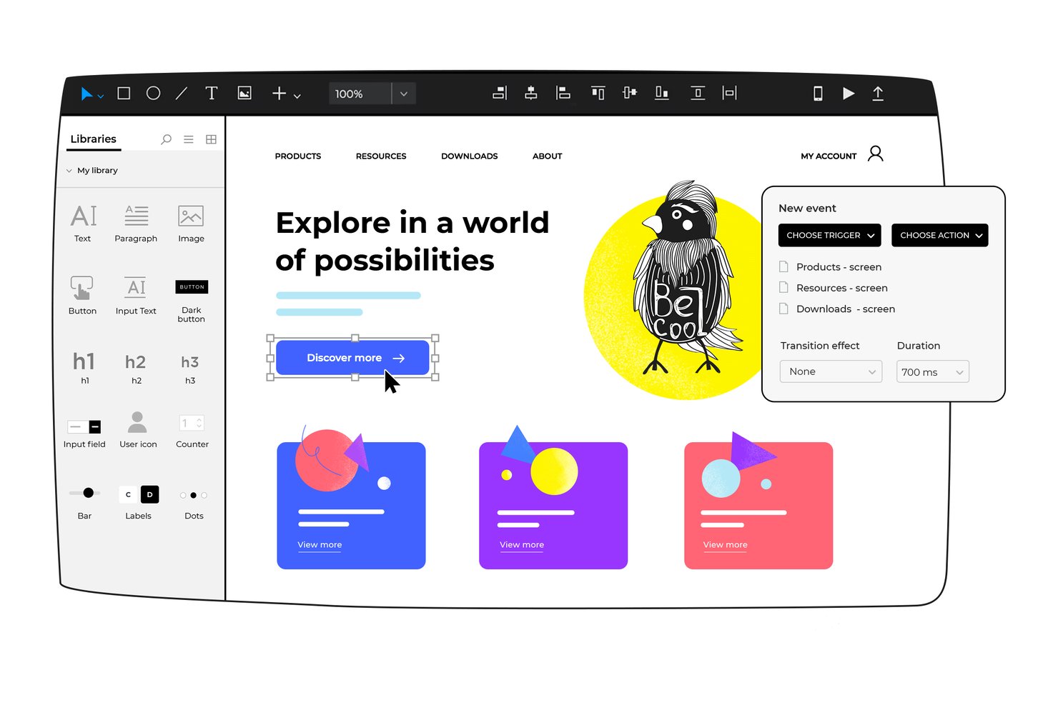 Interfaz de la herramienta de prototipado Justinmind que muestra el panel de configuración de eventos interactivos y el lienzo de diseño.