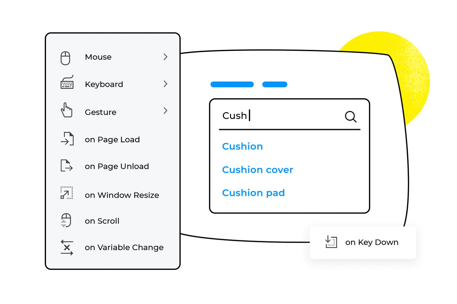 Justinmind UI showing interaction triggers menu and a search autocomplete prototype.