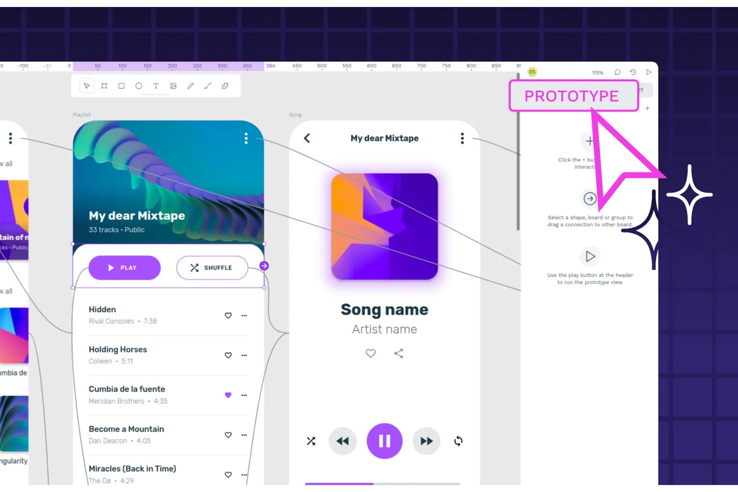 Herramienta de diseño Penpot que muestra pantallas de listas de reproducción y canciones conectadas con flechas de prototipo.