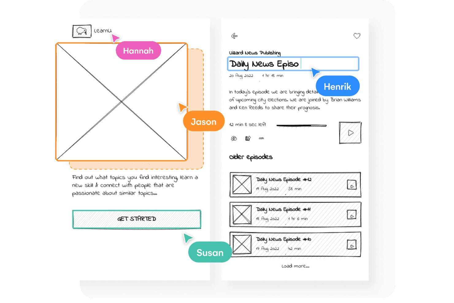 Schermate di wireframe di Uizard con più cursori utente nominativi che collaborano in tempo reale.