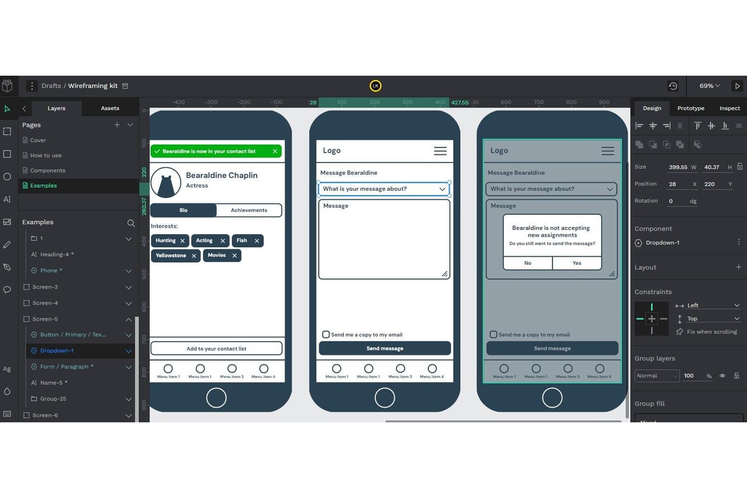 Kit per bozze strutturali di Penpot che mostra schermate di un'applicazione mobile con interfaccia di messaggistica e finestra di dialogo modale.