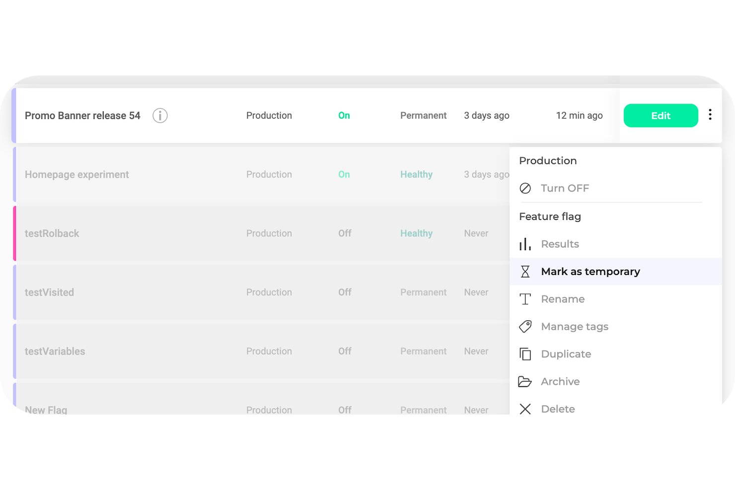 Lista de indicadores de funcionalidades de Kameleoon con un menú contextual que muestra opciones de gestión como archivar y eliminar.