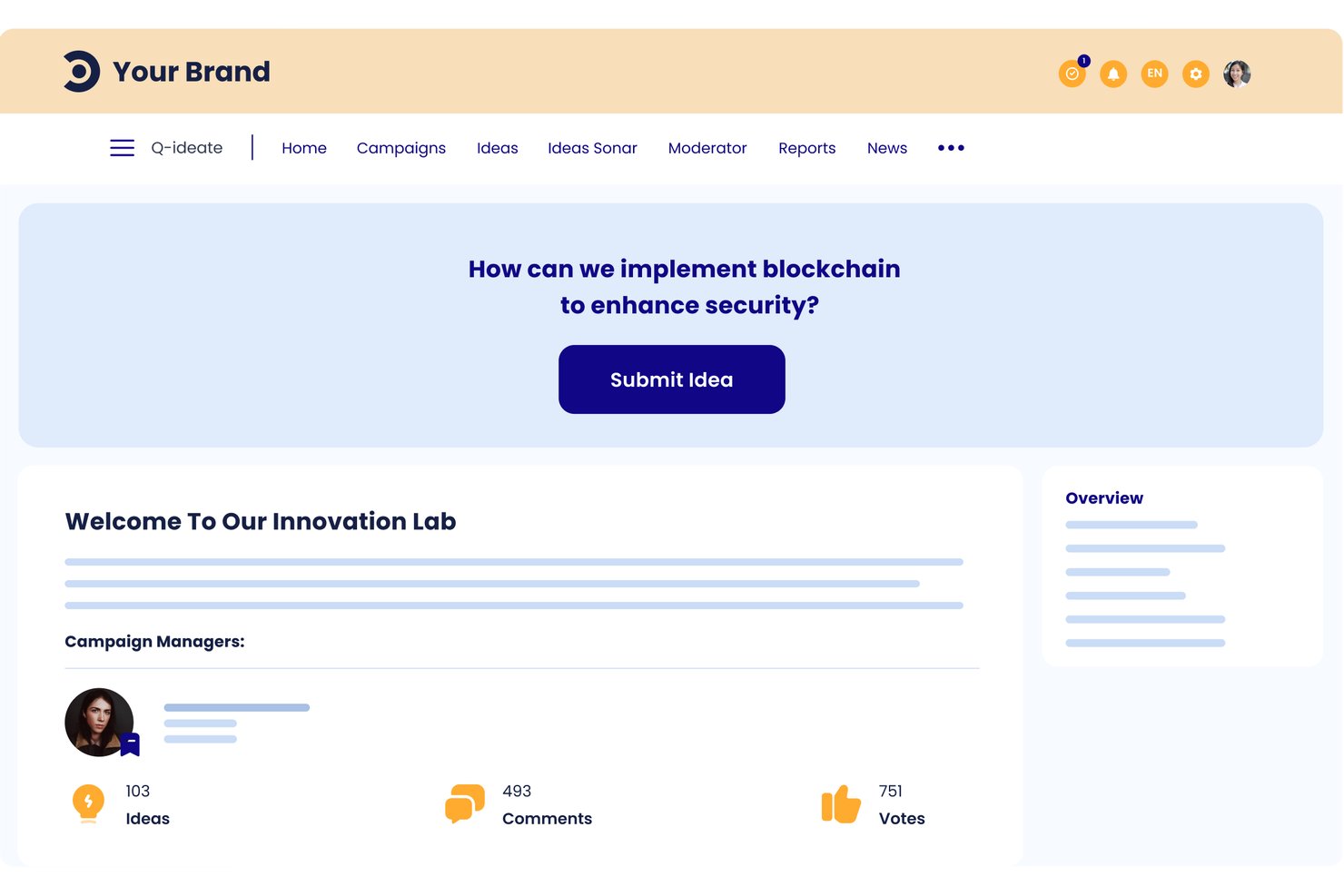 Plataforma de gestión de ideas Qmarkets que muestra una página de campaña de cadena de bloques con un botón para enviar una idea y estadísticas.