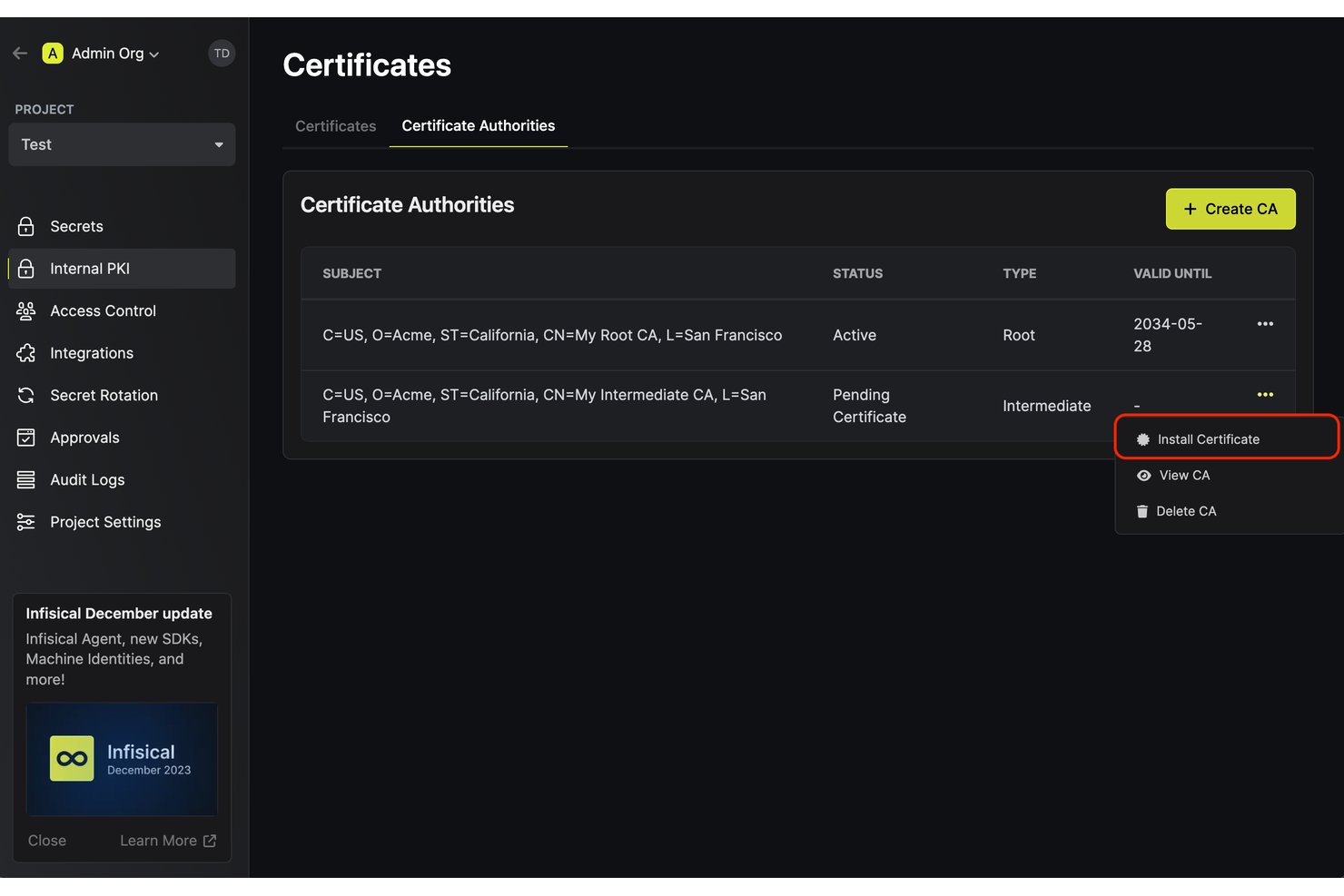 Infisical Certificate Authorities list with Install Certificate option highlighted in dropdown menu.
