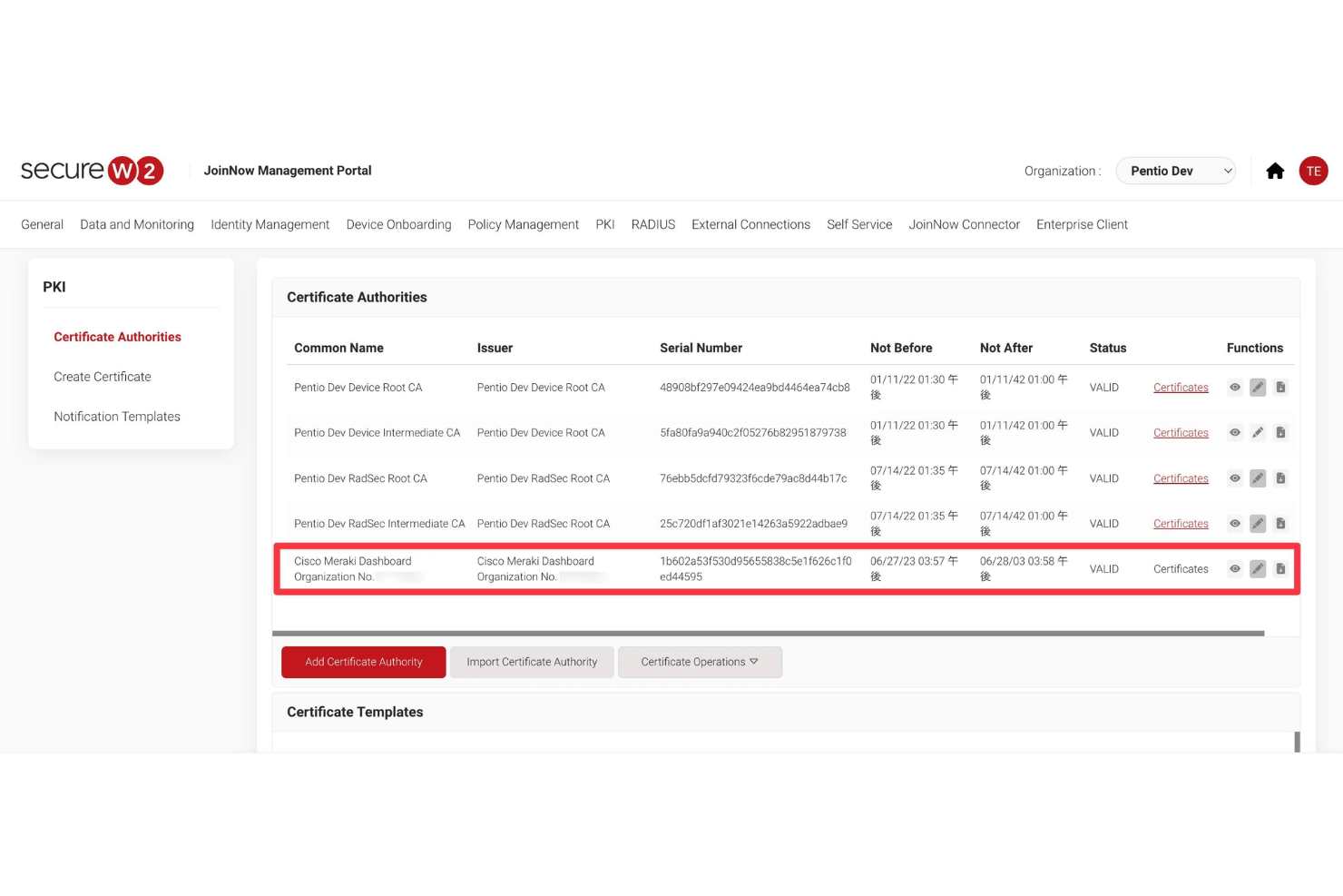 SecureW2 JoinNow portal showing Certificate Authorities list with validity status.