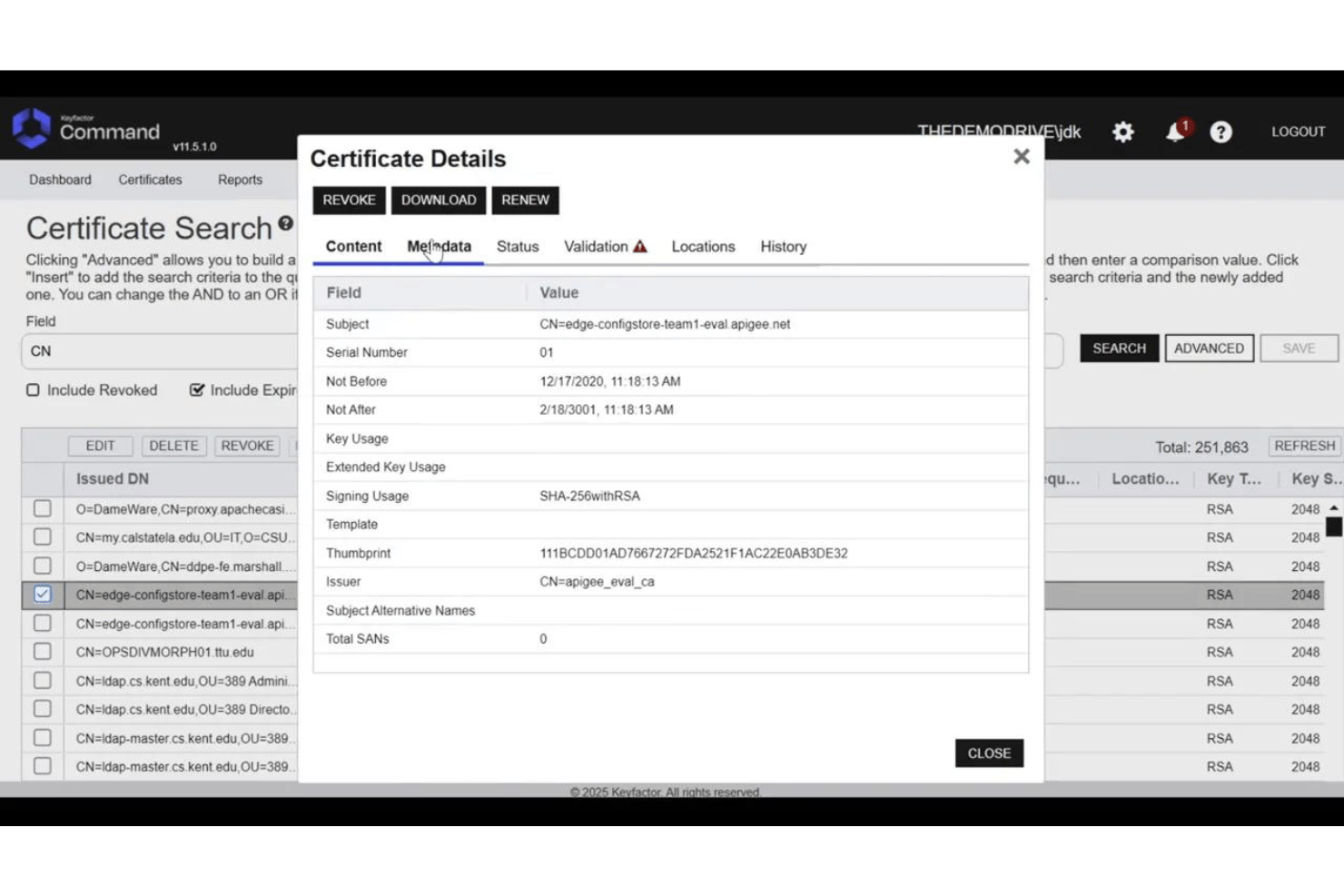 Keyfactor Command certificate details modal showing metadata, subject, and thumbprint fields.