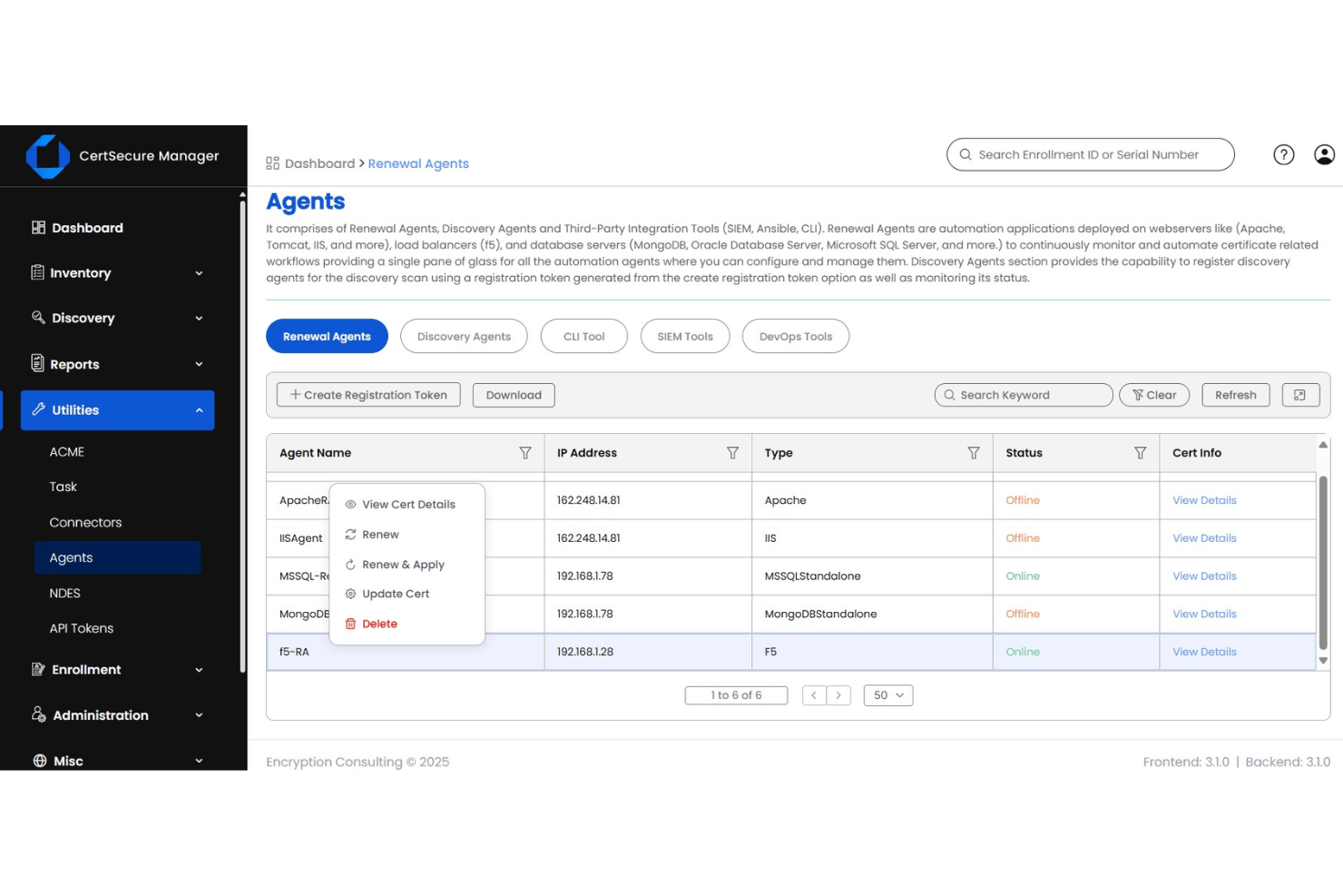 CertSecure Manager Renewal Agents dashboard showing agent list with status and options.