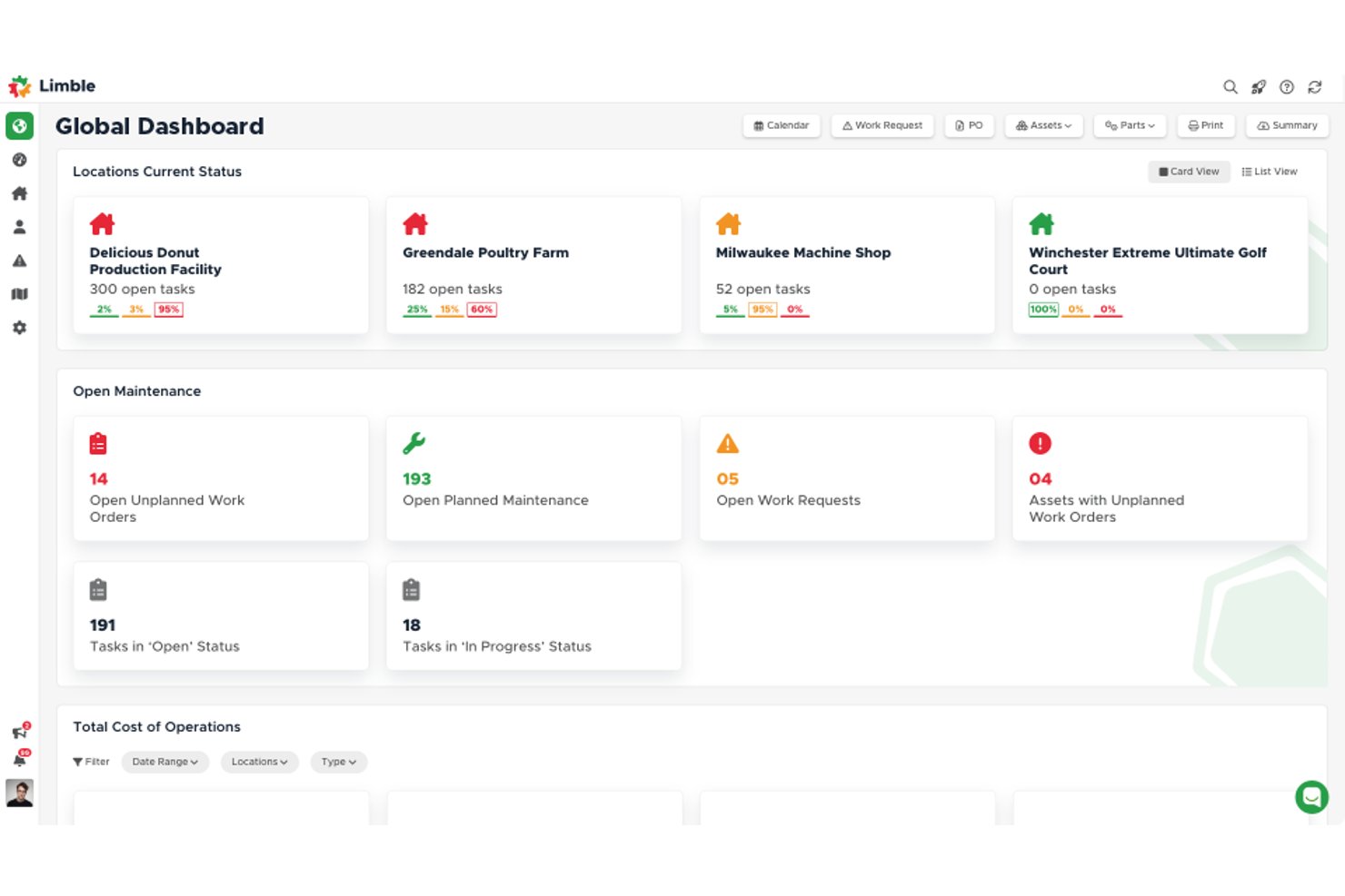 Limble manages work orders, preventive maintenance, asset history, and parts tracking.