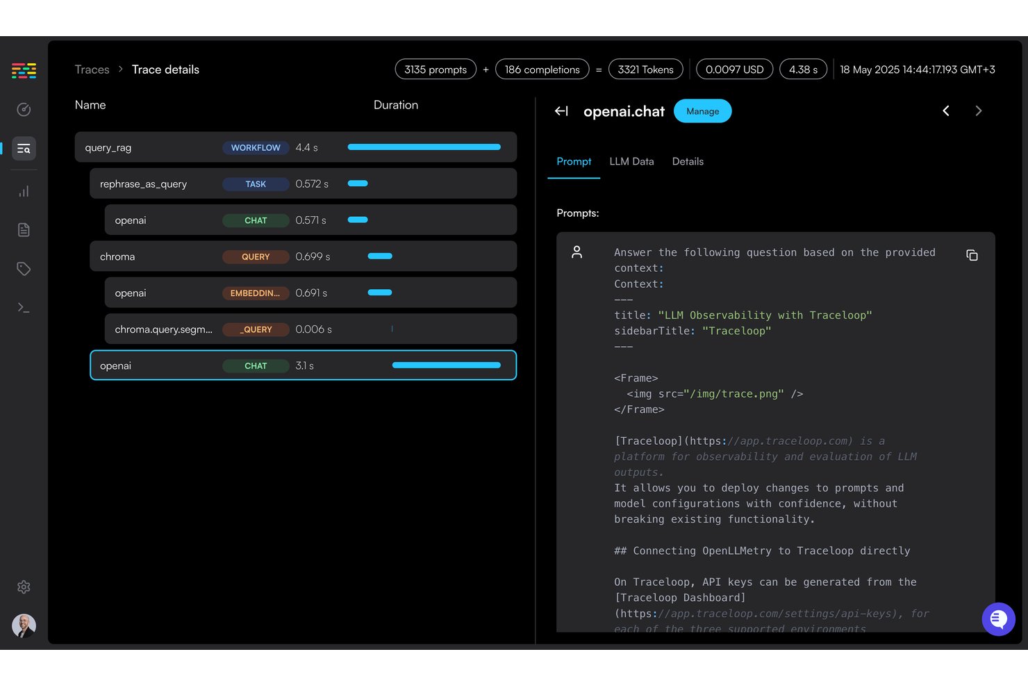 Panel de detalles de trazas de Traceloop que muestra los pasos del flujo de trabajo del LLM, el contexto del prompt y el uso de tokens.