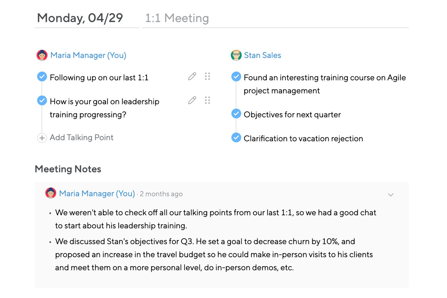 1:1 meeting interface showing talking points for manager and employee with shared notes.