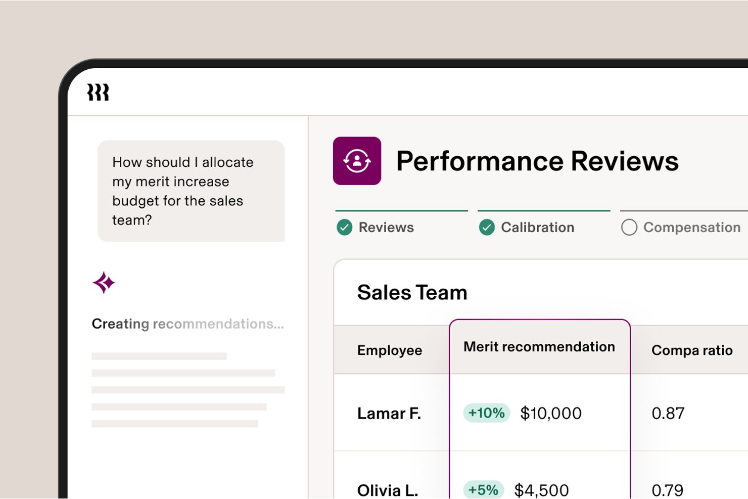 Rippling Performance Reviews dashboard showing AI-generated merit increase recommendations for sales team employees.