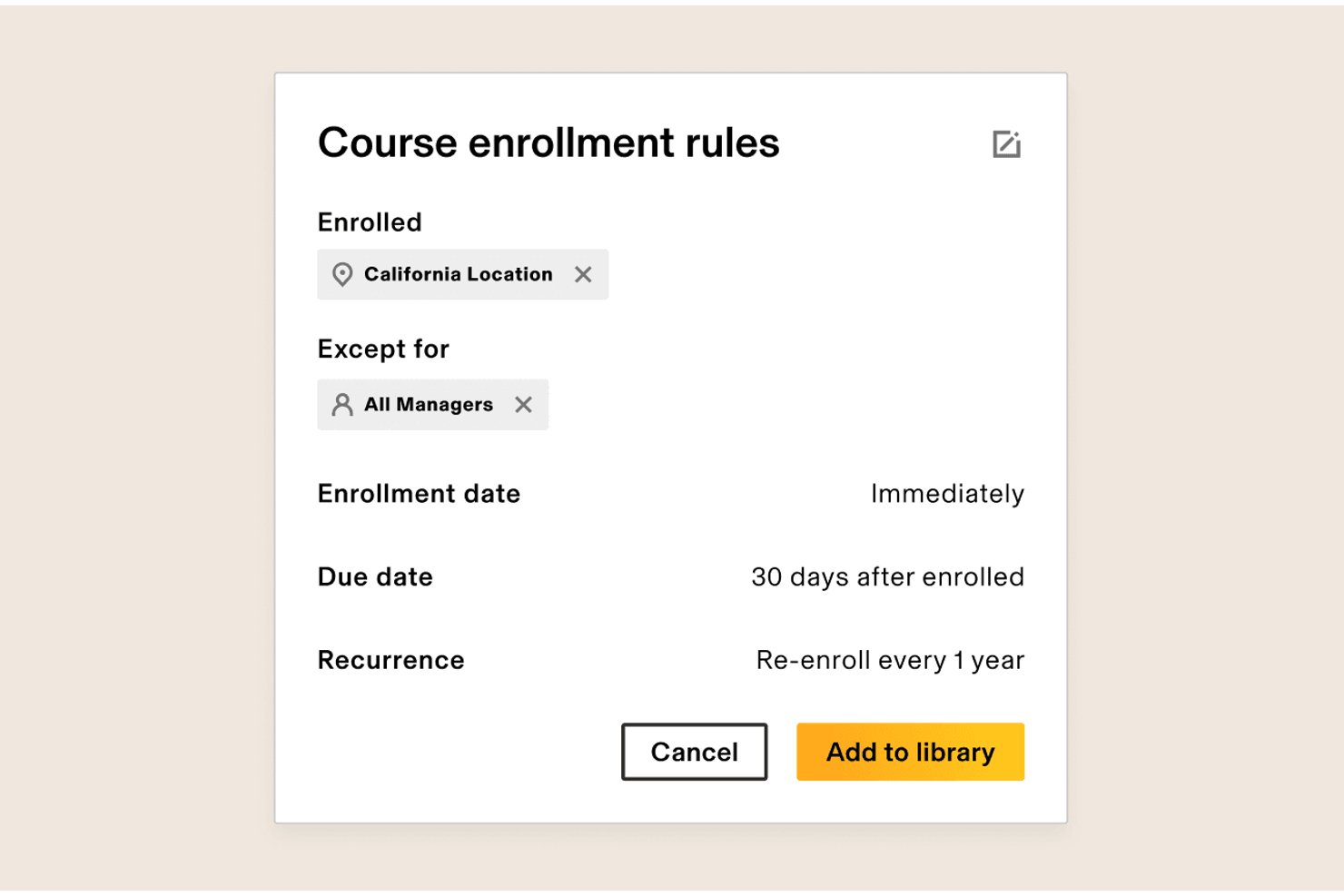 Course enrollment rules dialog with location, exceptions, due date, and recurrence settings.