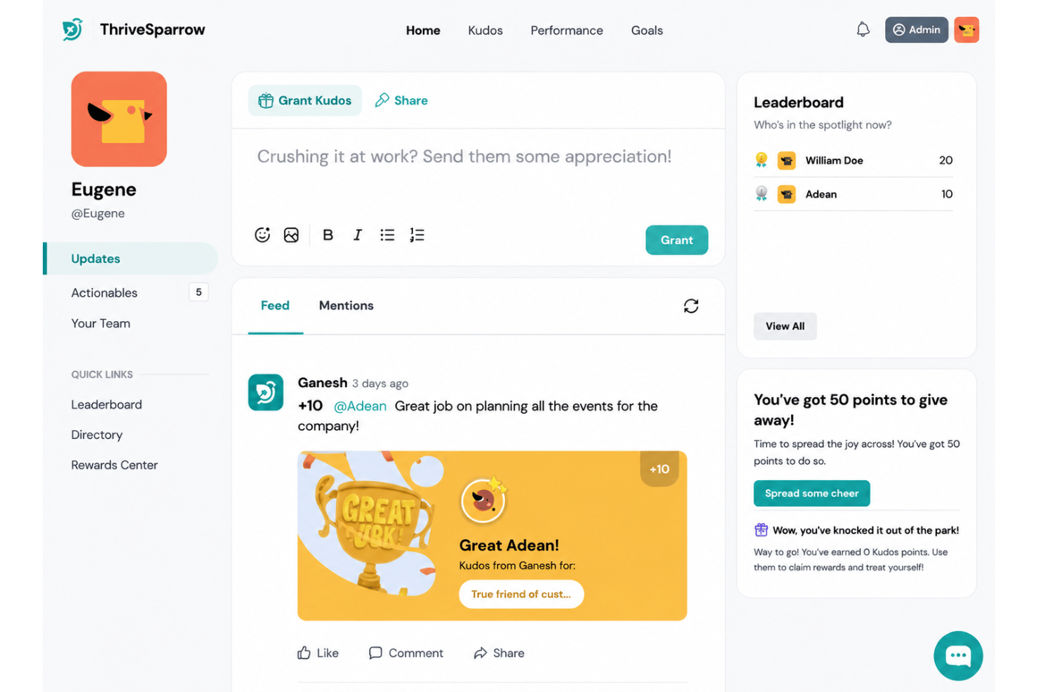 ThriveSparrow feedback dashboard with kudos and one-on-ones.