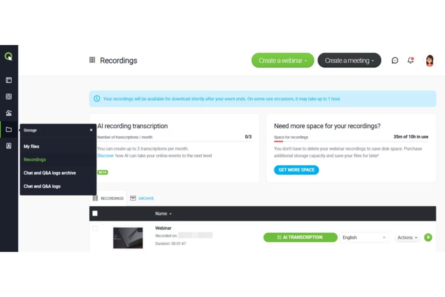 ClickMeeting recordings dashboard showing AI transcription, storage usage, and a recorded webinar entry.