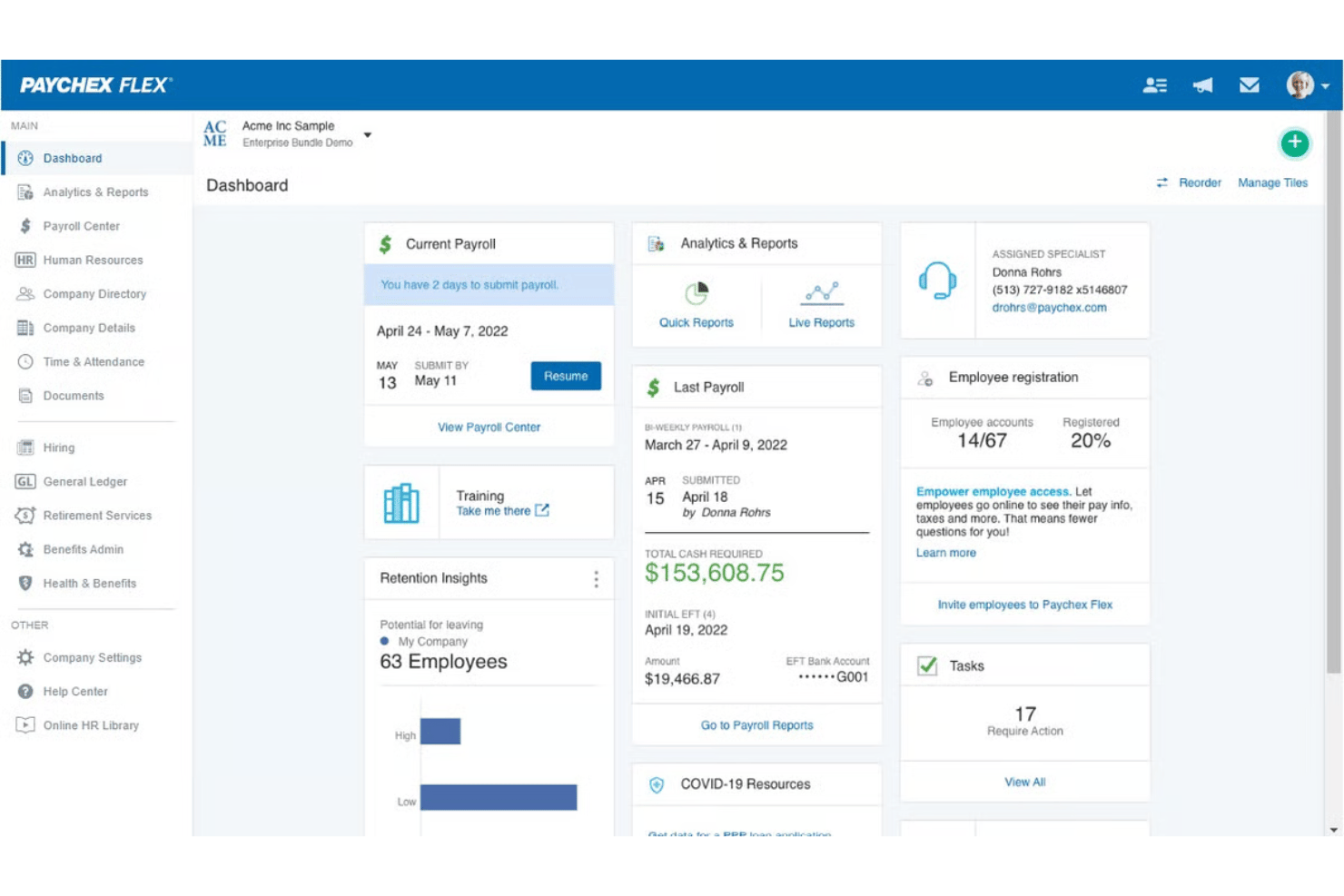 Paychex plattform för fakturering och lönehantering med lönebearbetning, fakturering, självbetjäning för medarbetare, skatteefterlevnad, HR-administration och ekonomisk rapportering från en enhetlig instrumentpanel.