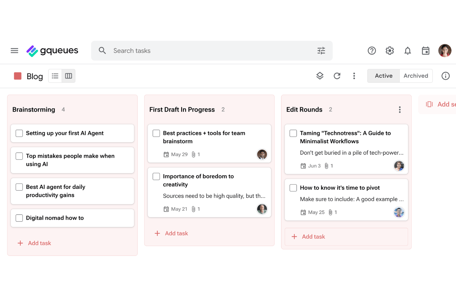 Vistas de tareas de GQueues con lista, calendario y tablero Kanban.