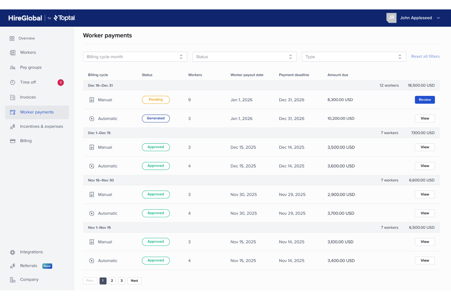 HireGlobal dashboard showing billing cycles, statuses, and amounts due in USD.
