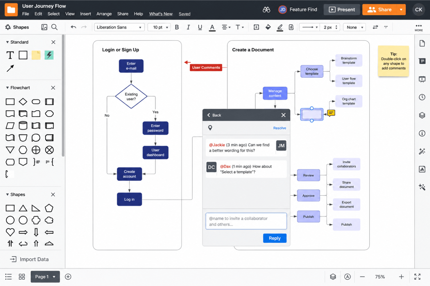 Kollaborativer Lucidchart-Arbeitsbereich mit Echtzeitbearbeitung, gemeinsam genutzten Diagrammen, Live-Cursorn, Teamzusammenarbeit und Workflow-Design.