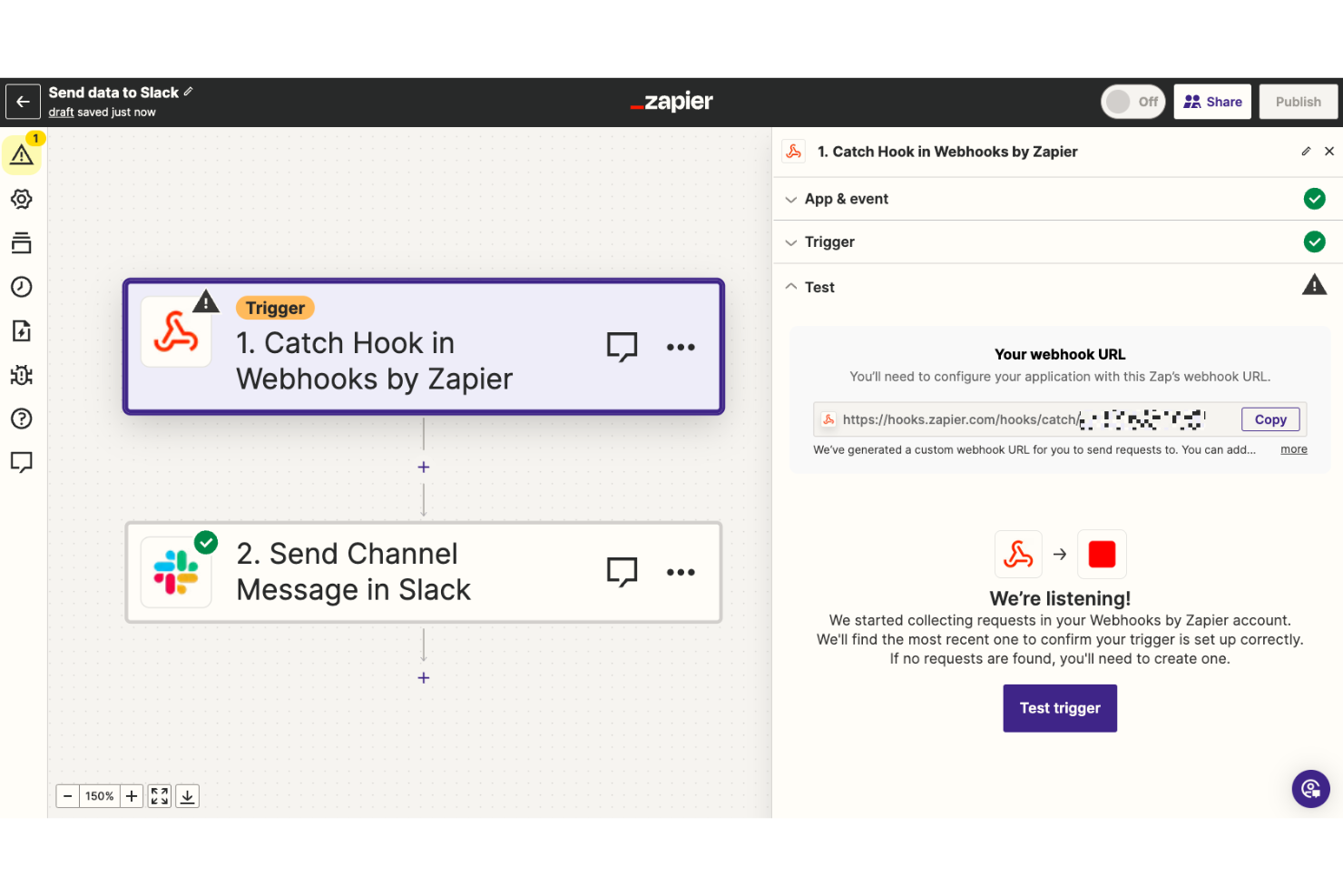Zapier-Workflow mit Webhooks-Auslöser und der Aktion zum Senden einer Slack-Kanalnachricht, einschließlich des Einrichtungsfensters für die Webhook-URL.