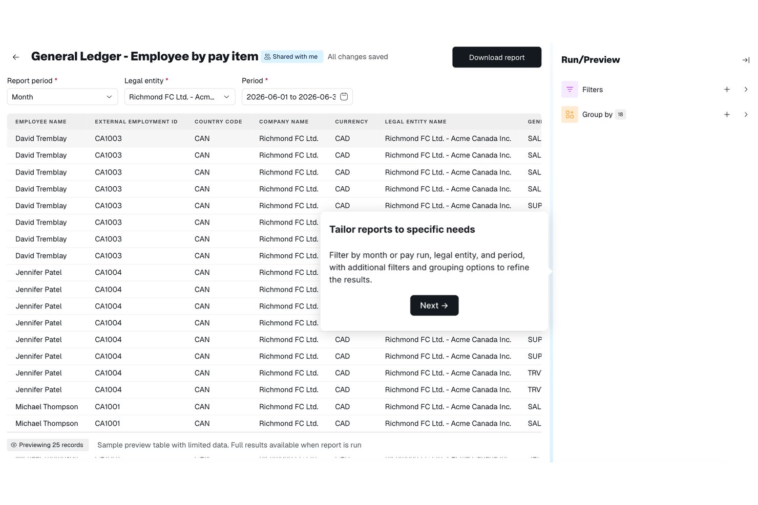 Remote general Ledger Employee by pay item report showing payroll data table with filters.