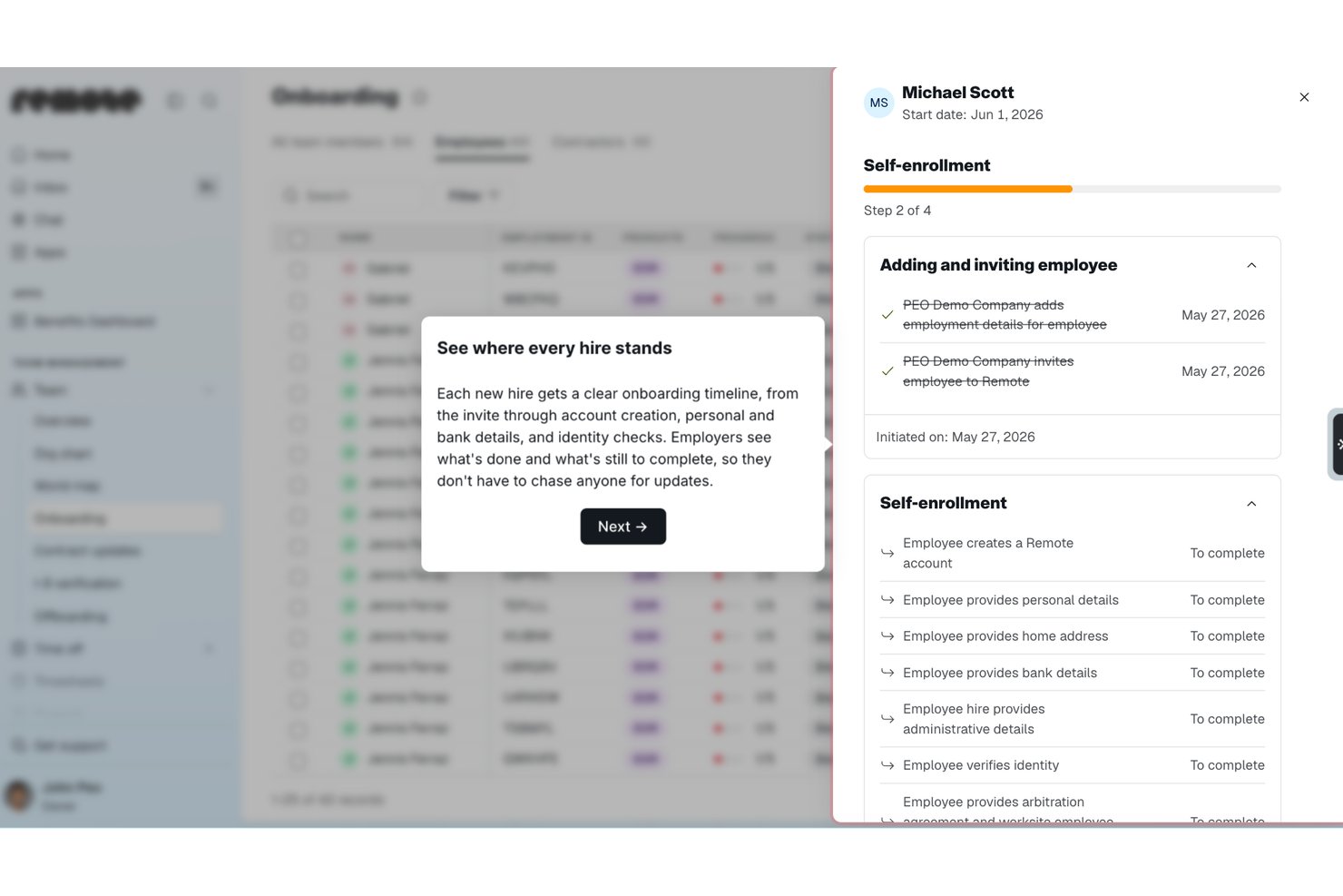 Remote onboarding dashboard showing employee self-enrollment steps and completion status.