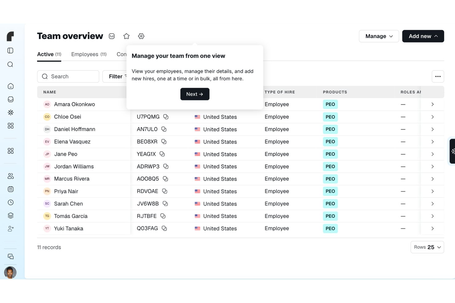 Remote team overview dashboard listing 11 employees with PEO product type and US location.