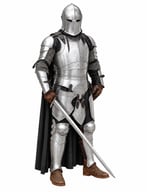 Vue de face d’une armure médiévale argentée avec casque, cuirasse et protections de jambes, présentée avec une épée non incluse.