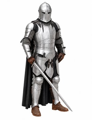Vue de face d’une armure médiévale argentée avec casque, cuirasse et protections de jambes, présentée avec une épée non incluse.