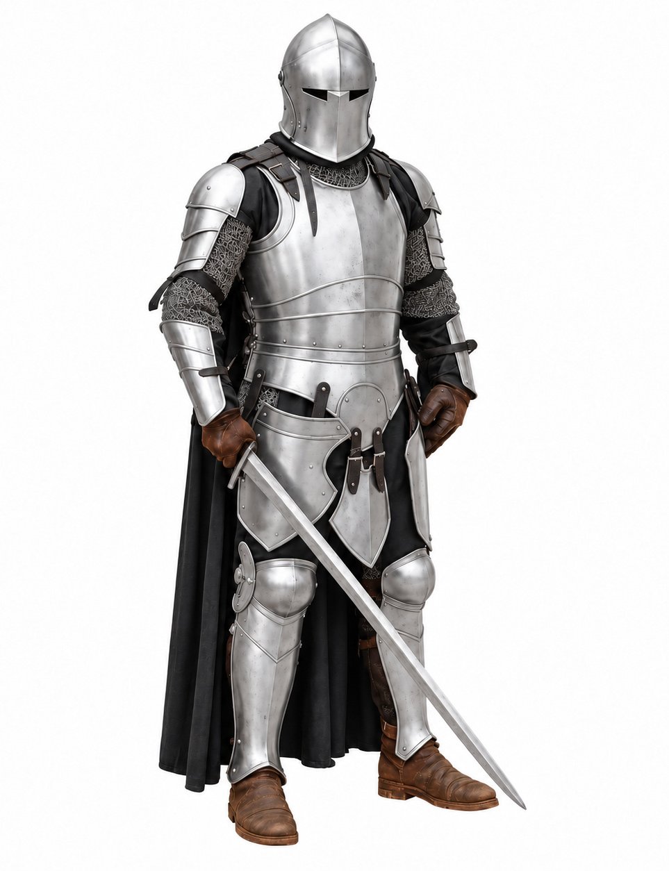 Vue de face d’une armure médiévale argentée avec casque, cuirasse et protections de jambes, présentée avec une épée non incluse.