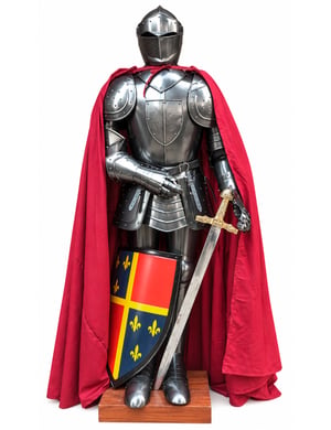 Armure de chevalier en acier avec cape rouge, épée et bouclier à fleurs de lys, présentée sur un socle en bois.