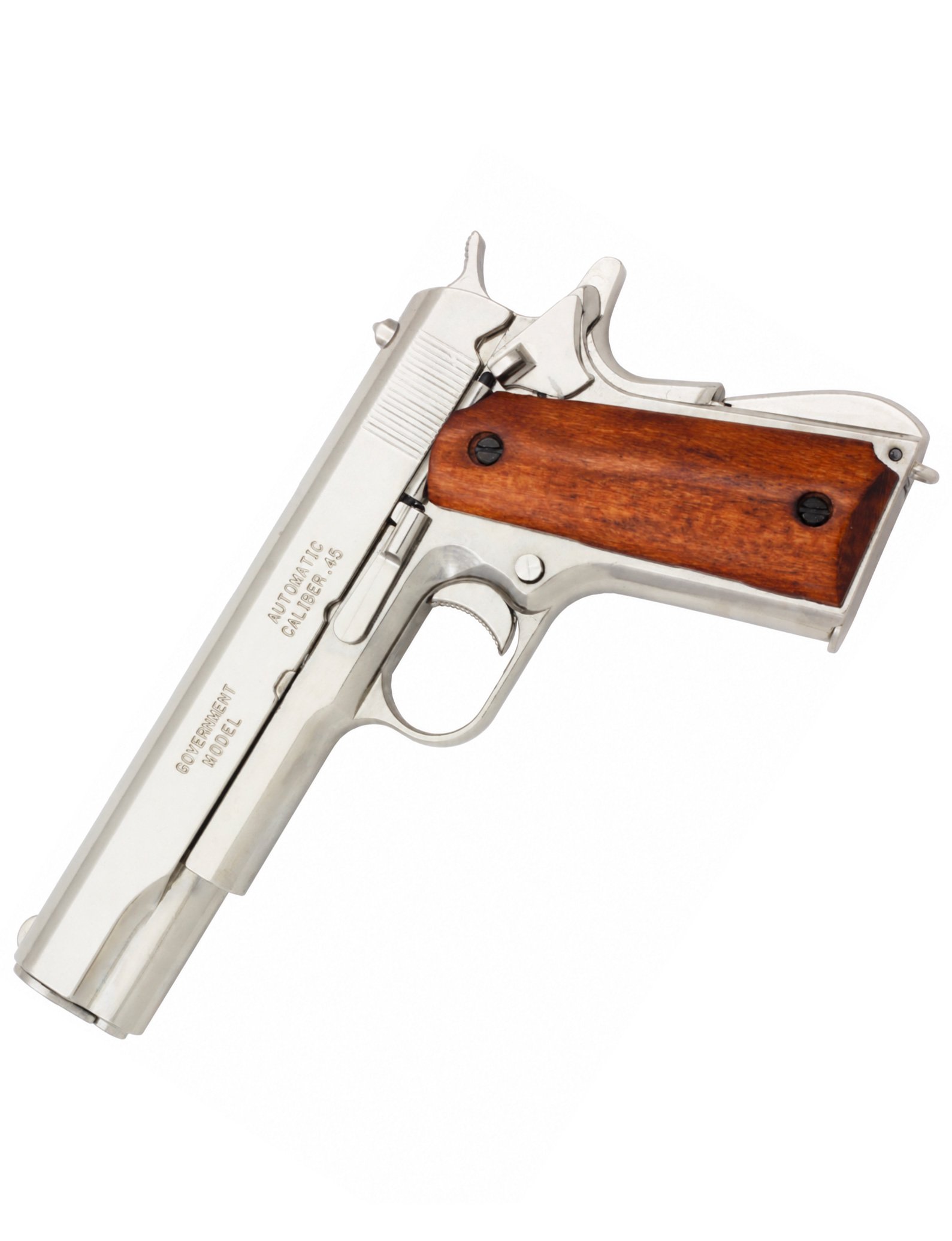 Réplique Denix 6312 du Colt M1911A1, finition chromée et plaquettes en bois laqué.